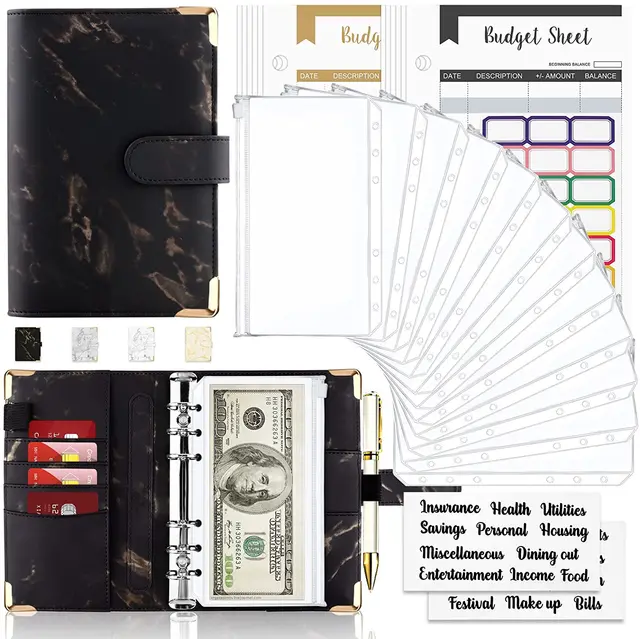 28Pcs Money Budget Planner Binder with Zipper Envelopes, Cash Envelopes for Budgeting, Money Organizer for A6 Cash Budget Binder Black Marble-28pcs