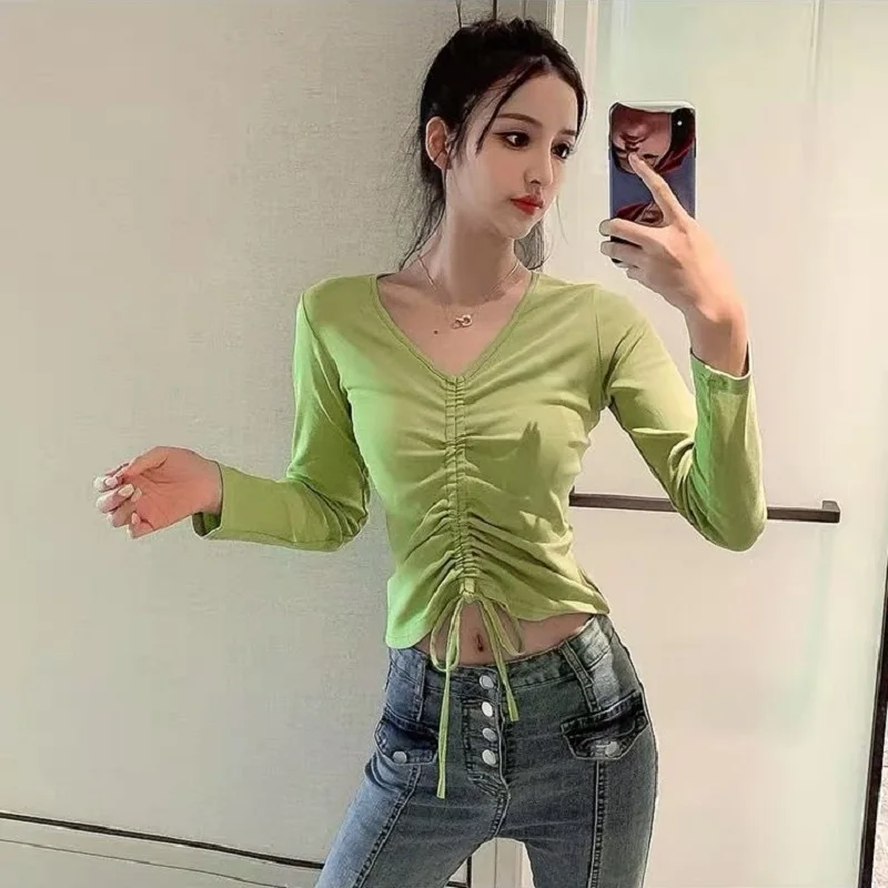 

Big Size Korean Style Long Sleeve Loose T Shirts V Neck Women Student Breathable Cotton Long T-shirt Casual Long Tee Shirt Tops