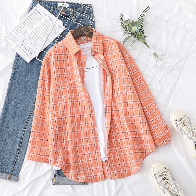 Brand Women\'s Flannel Plaid Shirts 2023 New Ladies Tops Exquisite Designer Style Loose Blouses Casual Cotton Long Sleeve Blouse