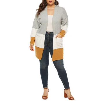 

Plus Size Sweater Women Autumn Knit Mid-long Sleeve Tricolor Stripe Contrast Color Loose Sweater Coat Cardigan Women pull femmeW