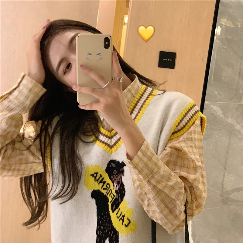 yellow shirt RUGOD Для женщин мультфильм вязаная кофта без рукавов или Рубашки в клетку Милая свободный, в Корейском стиле, жилет или дикий Рубашка Тонкий элегантный дизайн - Цвет: yellow shirt