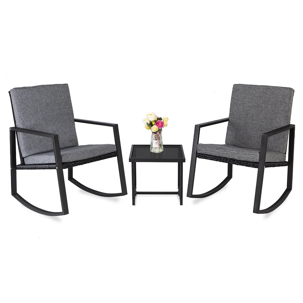 【US Warehouse】3 PCS Rocking Chairs Set Outdoor Patio Furniture with Glass Coffee Table (Black) (Outdoor rattan sofa 【US Warehouse】3 PCS Rocking Chairs Set Outdoor Patio Furniture with Glass Coffee Table (Black) (Outdoor rattan sofa