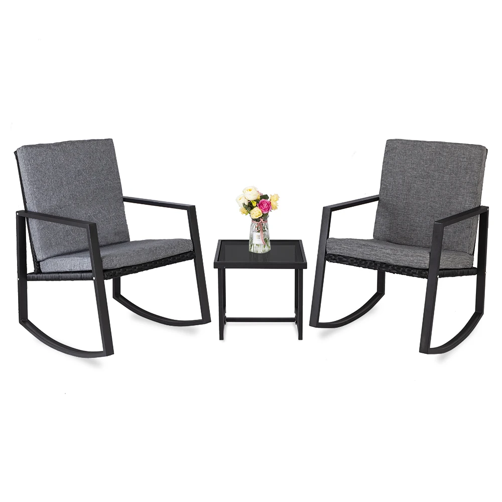 Us Warehouse 3 Pcs Rocking Chairs Set Outdoor Patio Furniture With Glass Coffee Table Black Outdoor Rattan Sofa Garden Sofas Aliexpress