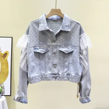 

Chaqueta Mujer Autumn 2020 Women Short Loose Plus size Mesh Stitching Sequins Denim jacket Vintage Washed Light blue Jean jacket