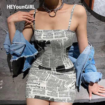 

HEYounGIRL Newspaper Printed Sleeveless Spaghetti Strap Dress Summer Bodycon Mini Dresses Ladies Fashion Backless Short Dress