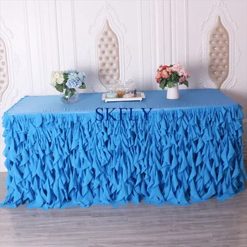 

CL037K birthday party 6 ft rectangle curly willow frilly blue chiffon fancy wedding table cloth with top