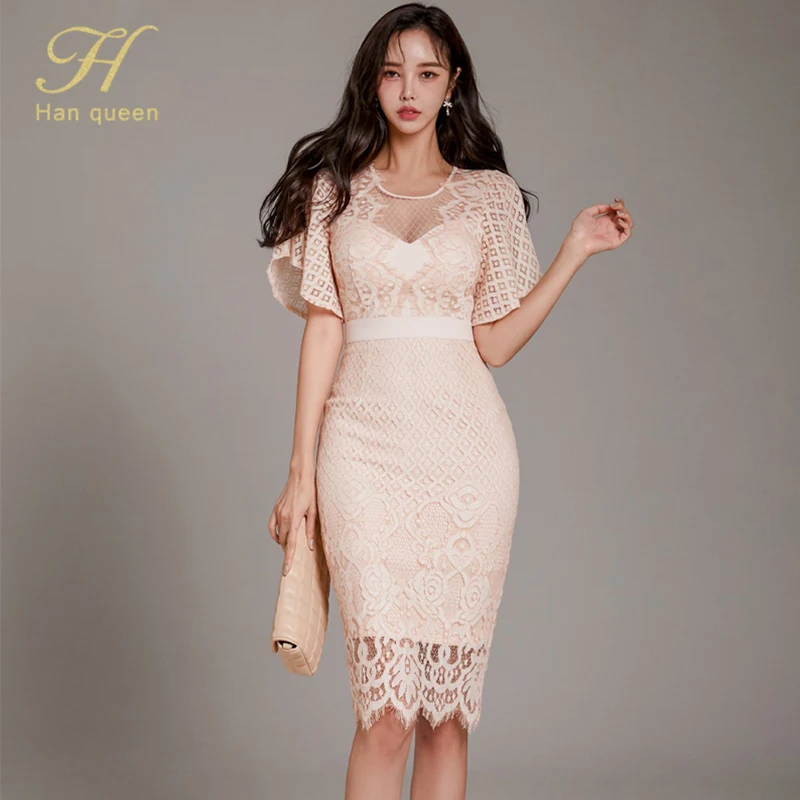 H Han Queen Women Sexy Elegant Lace Hollow Out See Through Pencil Dress ...