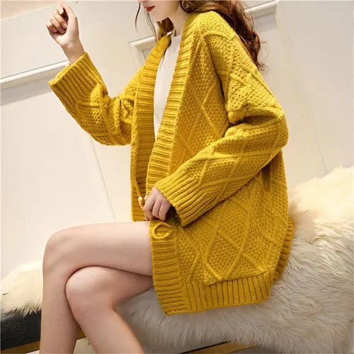Yellow PEONFLY винтажный Красный Женский вязаный длинный жакет осень зима длинный рукав свитер пальто женский теплый кардиган женский с карманом - Цвет: Yellow