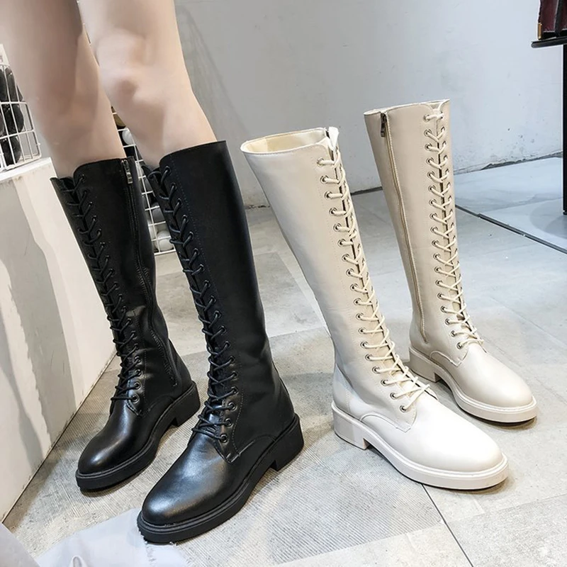 Knight boots cross-tied flats back zipper knee-high booties handsome women shoes winter botas sewing female botines leather