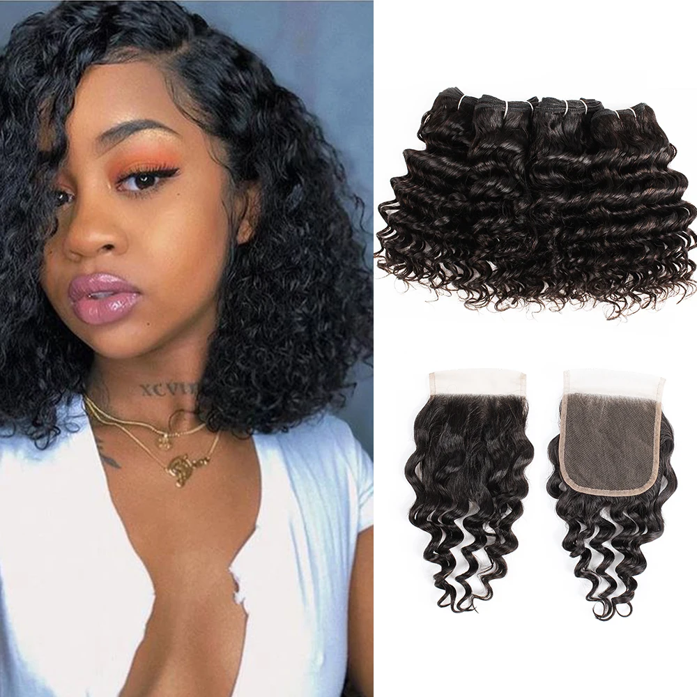 50g/pc 4 Bundles with 4x4 Lace Closure Deep Wave Remy Human Hair Weave Extension Short Bob Style Natural Black MOGUL HAIR