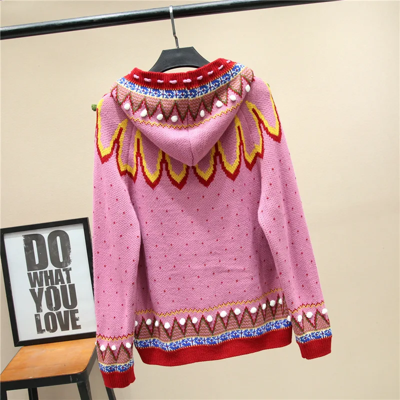 Брендовый Модный женский высококачественный роскошный осенний элегантный Рождественский Ретро меховой шар с капюшоном Женский старение свитер кардиган пальто