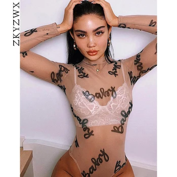 

ZKYZWX Sexy Letter Print Mesh Sheer Bodysuit Womens Summer Tops Rave Clothes One Piece Club Outfits Long Sleeve Body Rompers