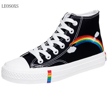 

LEOSOXS Women's 2020 Vulcanized Shoes Woman Sneakers New Rainbow Retro Canvas Shoes Flat Fashion Comfortable High Shoes Women