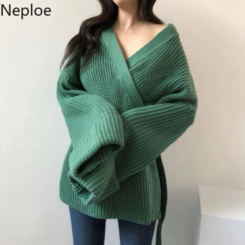 Neploe, шикарный, средней длины, свободный, Сумасшедший стиль, Sueter Mujer Inverno, v-образный вырез, тонкая талия, на шнуровке, однотонный, вязаный свитер, однотонный, для женщин, 47628