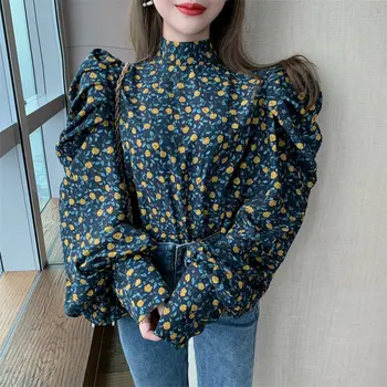 

Alien Kitty Stylish Florals Loose Gentle Puff Sleeves Stand Shirts 2020 Print Sweet Vintage Chic Fashion Elegant Women Blouses
