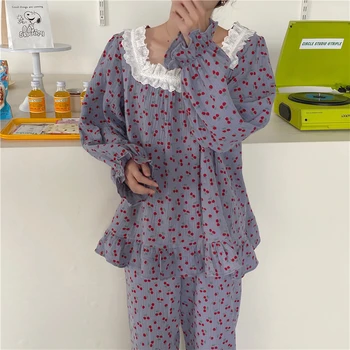 

Women Fashion Cherry Print Pajamas Cotton Linen Ruffle Sleepwear Autumn Blouses+Trousers 2pcs Pullover Casual Homewear S1048