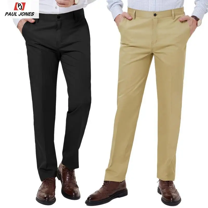 

PAUL JONES Men's Classic Flat-Front Dress Chino Pants Khaki Black Casual Pants Regular Fit Cotton Long Straight Trousers PJ00093