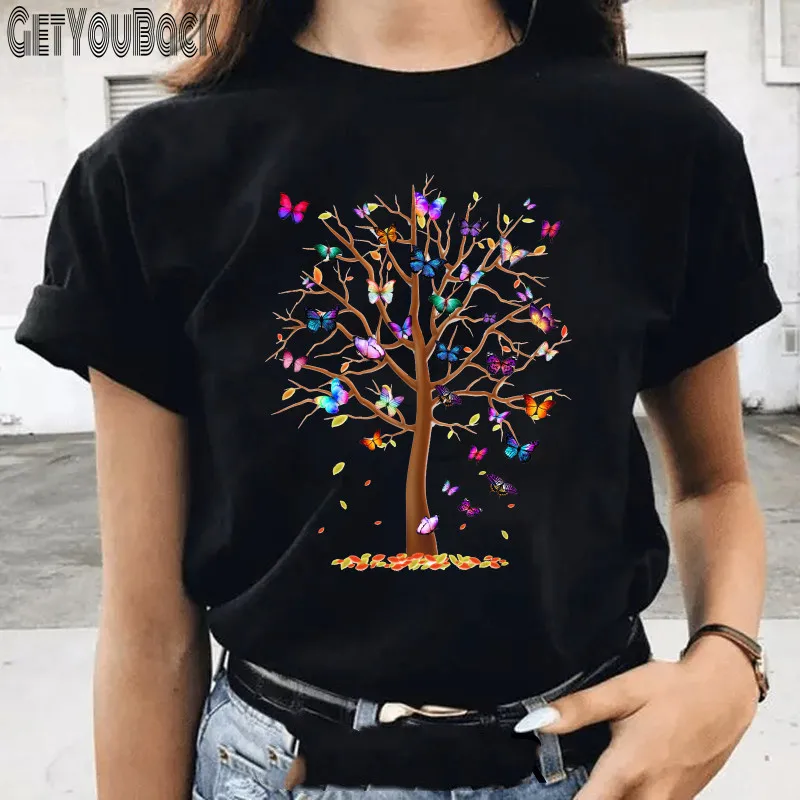 

Women Funny Butterfly Print Black T-shirt Summer Girl Harajuku 90S Tops Tee Female Cute Clothes,Drop Ship