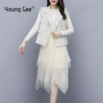 

Young Gee Autumn Women Midi Dress Elegant Knited and Mesh Patckwork Tee Dresses + Tweed Turn Down Vest Fashion Two Pieces Sets