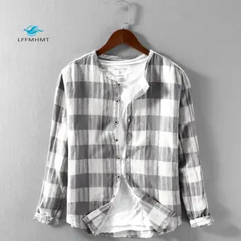

Men Spring And Autumn Fashion Brand Japan Style Vintage Plaid Cotton Linen Long Sleeve Shirt Male Casual Thin Shirts Cloth