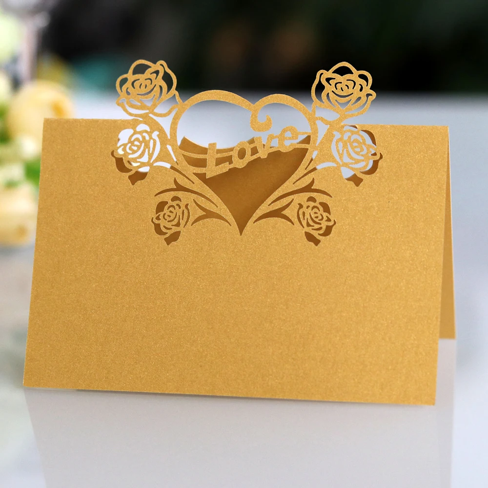 Birthday Party Decor Place Cards Laser Cut 50 Pcs Hollow Pattern Heart Shape Wedding Event Table Name Card Flower Decoupage