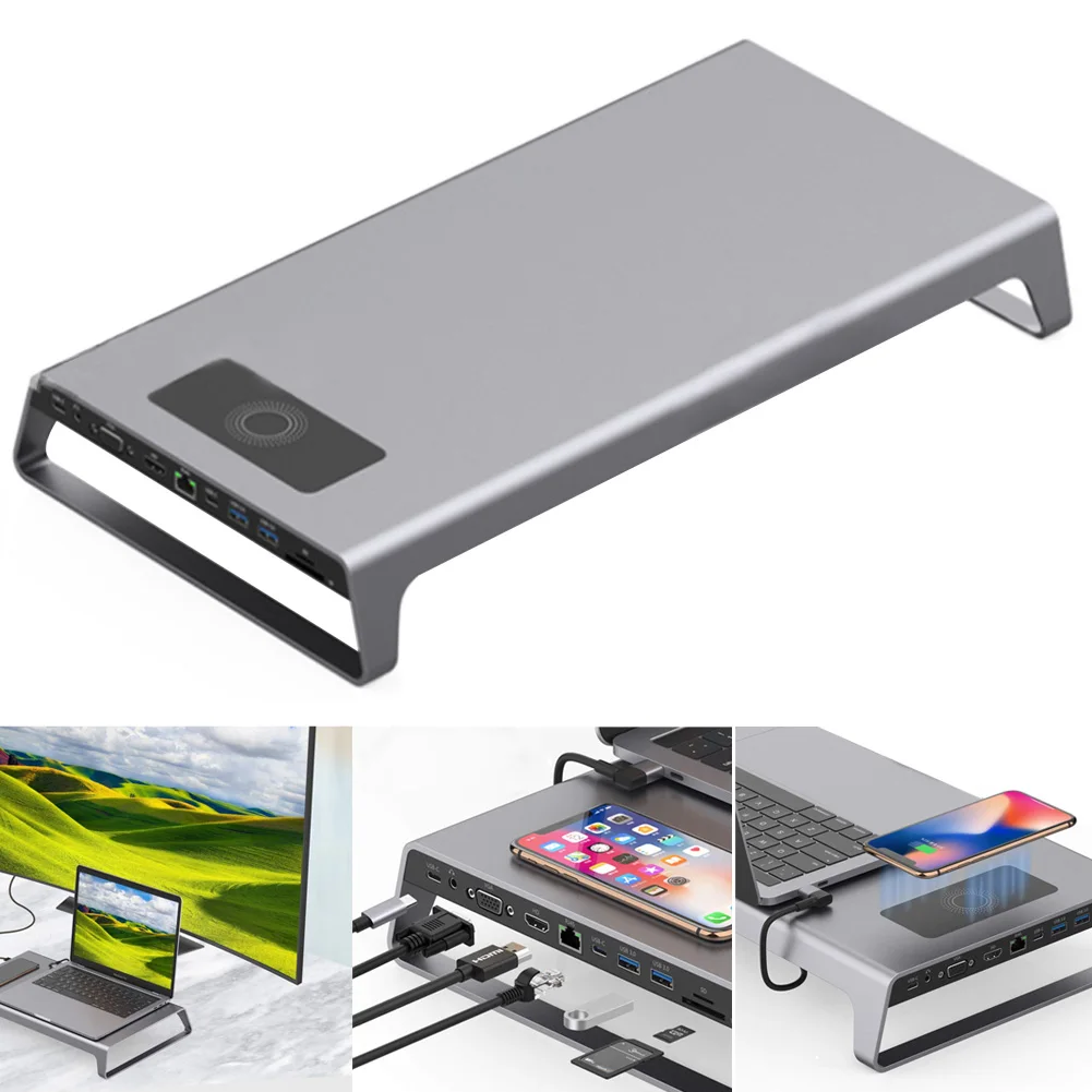 Suporte de Alumínio Carga sem Fio Station com 4 Monitor Suporte Docking k Hdmi Vga tf Cartão Nd998 Usb c Hub