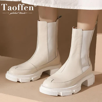 

TAOFFEN 2021 INS Women Real Leather Boots Winter Warm Shoes Women Half Short Boots Fashion Casual Street Footwear Size 34-39