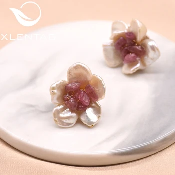 

XlentAg Handmade Original Natural Baroque Pearl Flower Stud Earrings Pink Stamen Flower Women Engagement Fashion Jewlery GE0104