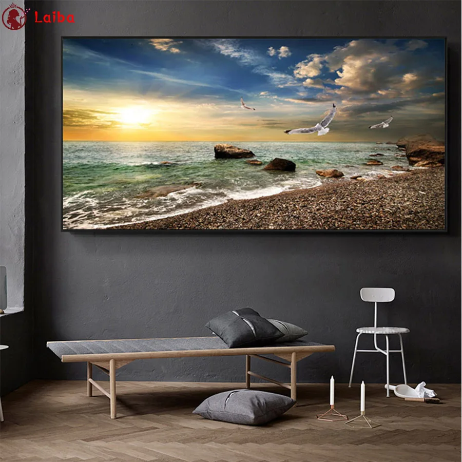 Diy Diamond Painting Natural Scenery, Sea Sunrise, Flying Birds Diamond ...