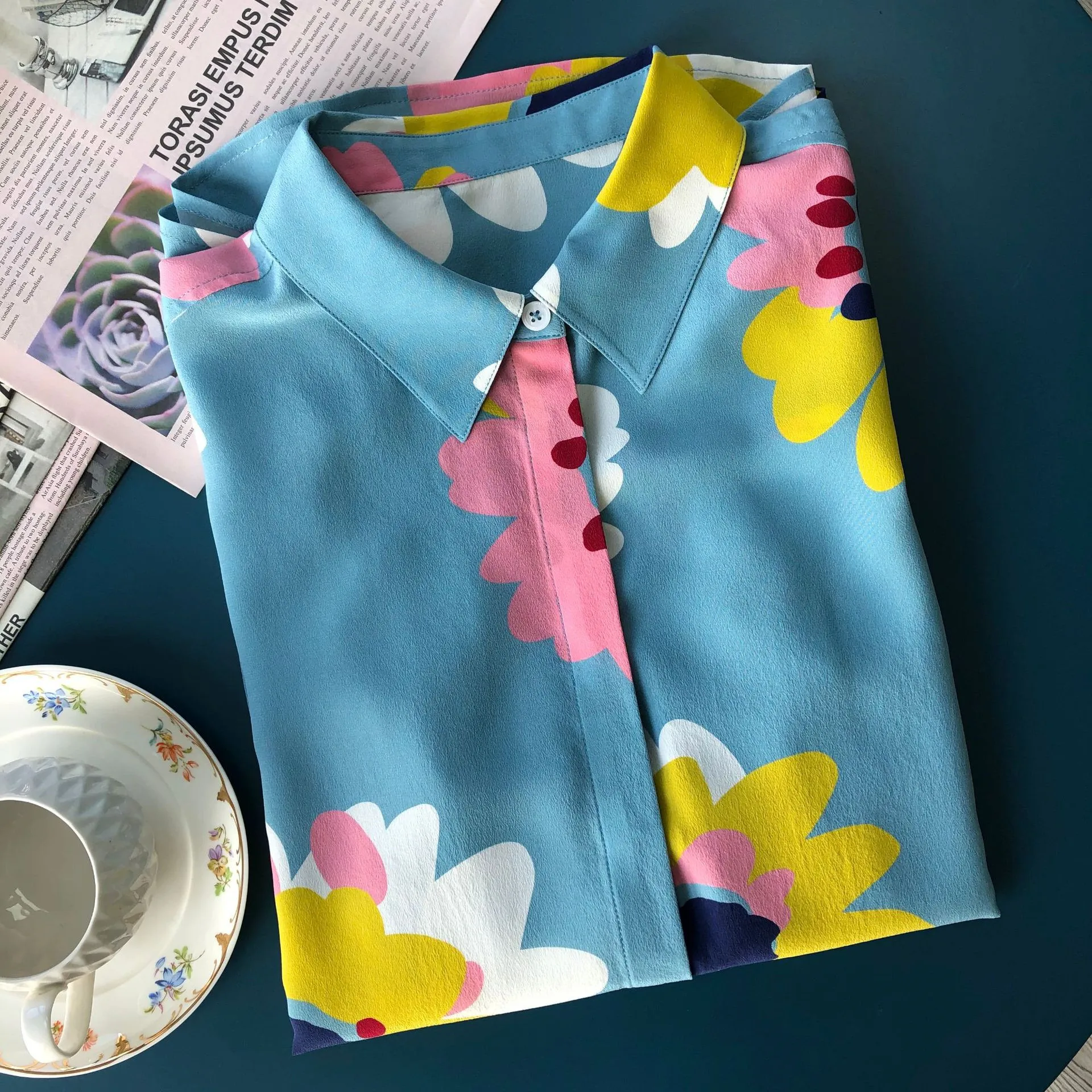 

100% Silk Women Shirt Sun Flower Print Turn Down Collar Long Sleeve Lady Casual Blouse
