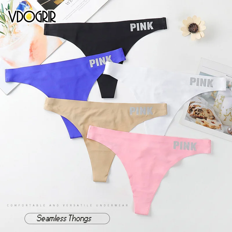 

VDOGRIR Sexy Women's Sport Panties Underwear Seamless Silk Thong Low Waist Female PINK Letter G-String Solid Color Lady Linegrie