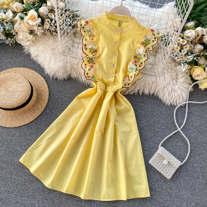 Slim Ruffles 2020 Sexy embroidery flower Dress Summer Short Party high waist tank sundress Women Casual a-line beach dresses