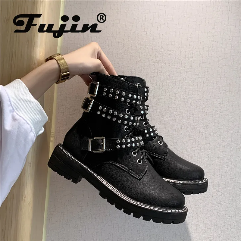 

Fujin Women Boots Winter Fashion Dropshipping Lace Round Toe Ankle Rubber Breathable Flat Bottom Cross Tied Causal Women Shoes