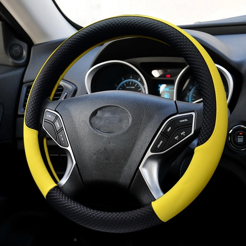 Black yellow Чехол рулевого колеса автомобиля Противоскользящий чехол для рулевого колеса универсальные тисненые кожаные аксессуары для автомобиля - Название цвета: Black yellow