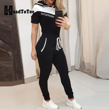 

Letter Print Colorblock Top & Drawstring Pants Set