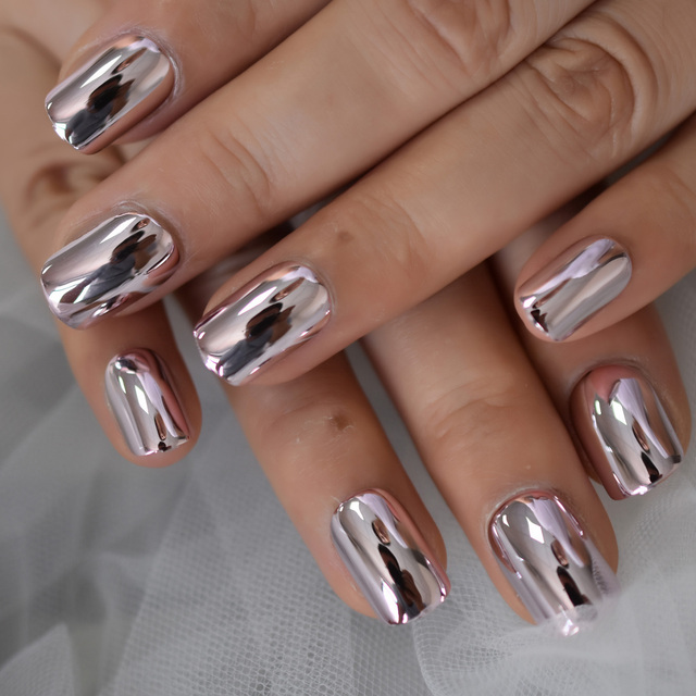 Punk Rock Style Metallic Pastel Purple Fake False Nails Metal Plating Acrylic Short Mirror Press on Nail Art Tips