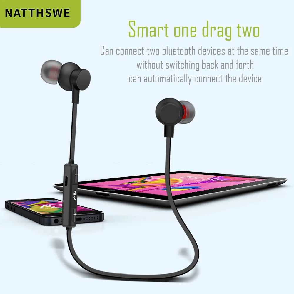 NATTHSWE Bluetooth наушники беспроводные магнитные с микрофоном стерео легкие