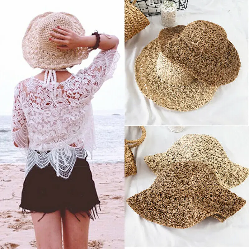 Women Ladies Summer Sun Hats Panama Straw Beach Foldable Wide Brim Floppy Travel Cap | Аксессуары для одежды