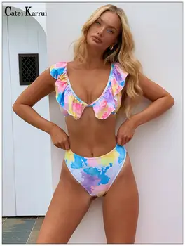 

Catei Karrui 2020 new women's swimsuit Ruffle shoulder swimsuit tie dye print sexy bikini women's beach play
