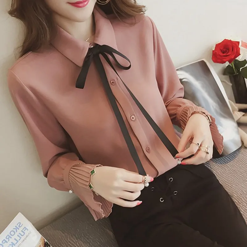 

Elegant Bow Tie Women Solid Color Blouse Shirt Fashion Long Sleeve Chiffon Shirt Casual Blouses