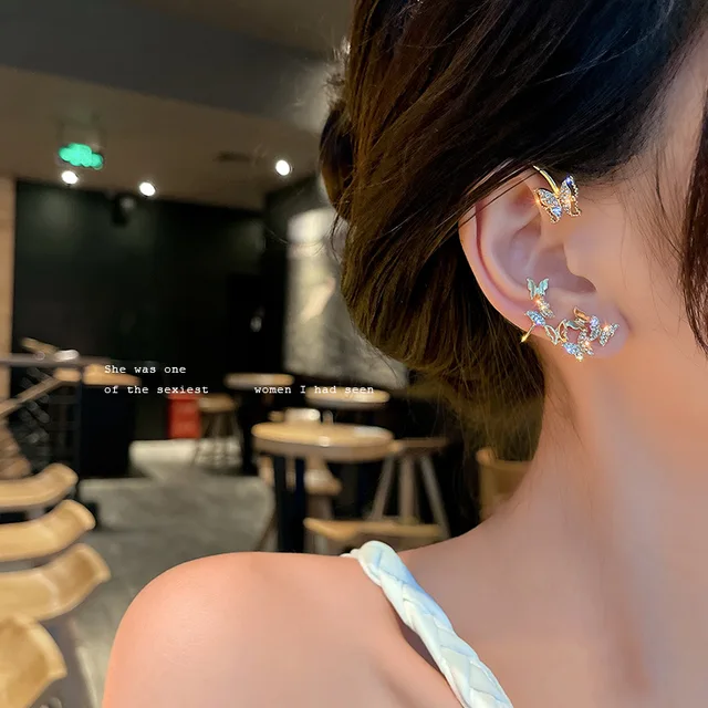 ZZYY Shining Zircon Butterfly Ear Cuff Earrings for Women Girls Fashion 1pc No Piercing Ear Clip Ear-hook Wedding Jewelry Luxury D right ear gold