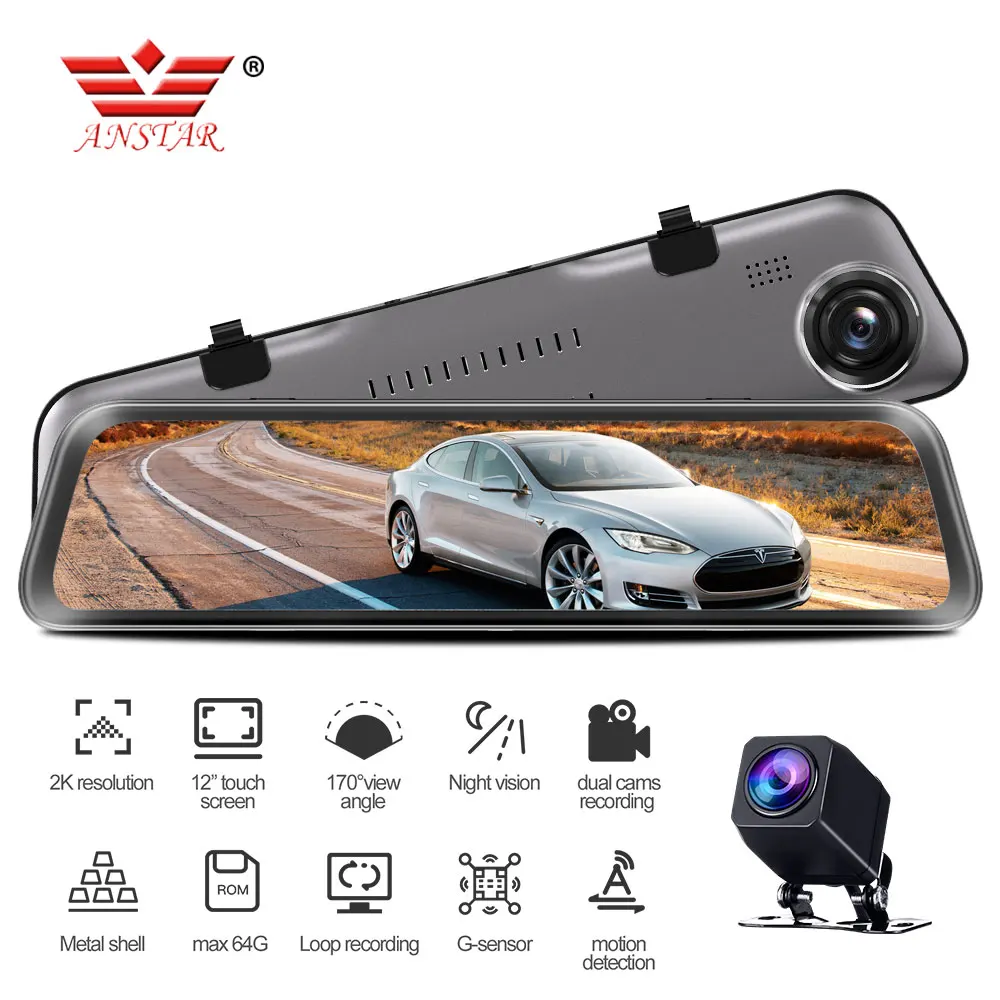 2019 Newest Car camera 12 inches Touch Screen Dash Cam 2K Rearview Camera Video Record Car DVR Dual Lens Car Mirror