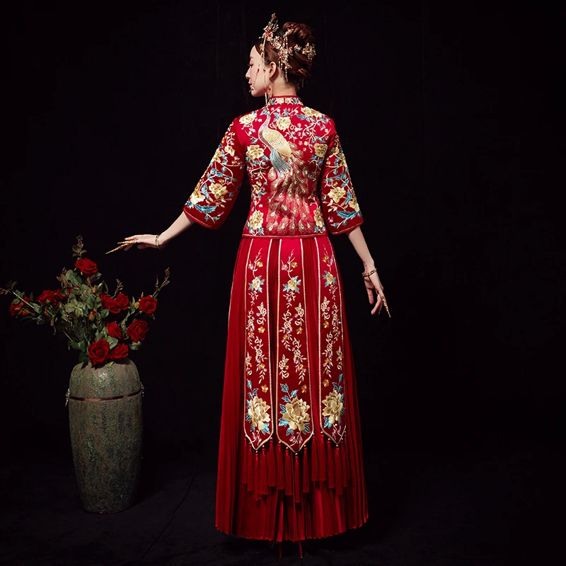 Красный свадебный Cheongsam китайский женский цветочный вышивка павлин Qipao изысканный Bling Стразы marige Набор размера плюс