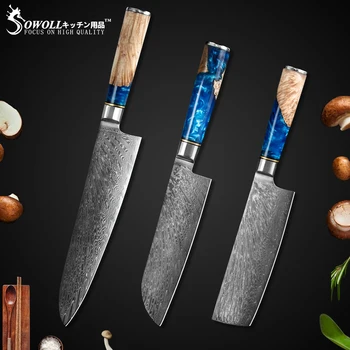 

Sowoll 3 Pcs Damascus Steel Santoku Kitchen Knives Quality Chef Utility Butcher Knife Fillet Cleaver Knife Resin Wood Handle
