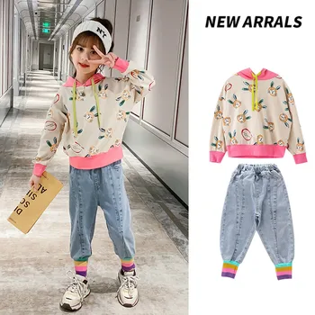 

Girls Clothing Sets New Autumn 2020 Active Girls Clothes Children Cartoon Print Sweatshirt Denim Pants Set 4 10 12 Years Outfits