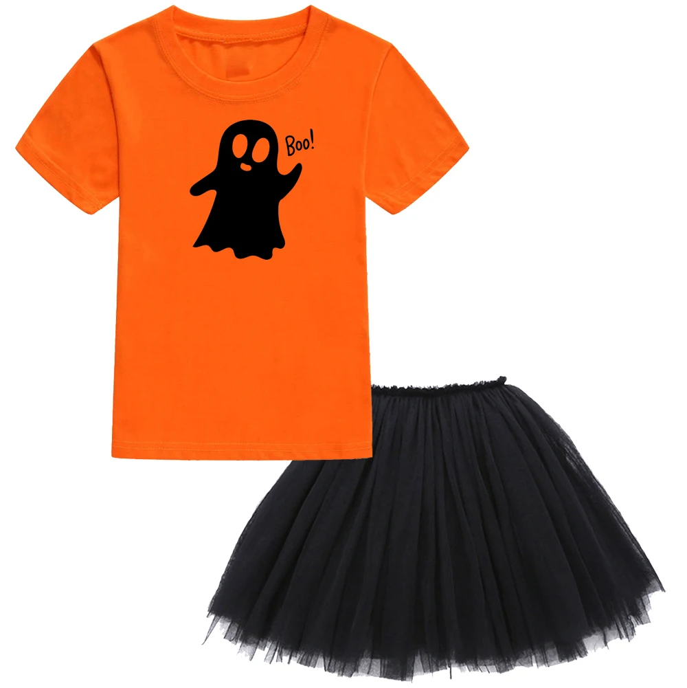 

Kids Girls Cute Boo Print T-shirt Tops Black Skirt Set Children Halloween Funny Party Dress Outfits Toddler Girl Clothing Sets