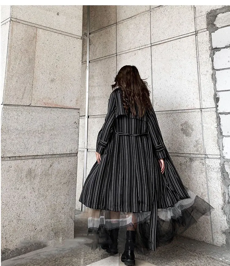 XITAO, европейский стиль, длинное женское пальто в черную и белую полоску, ветровка, костюм с воротником, Бандажное осеннее пальто для женщин GCC2950