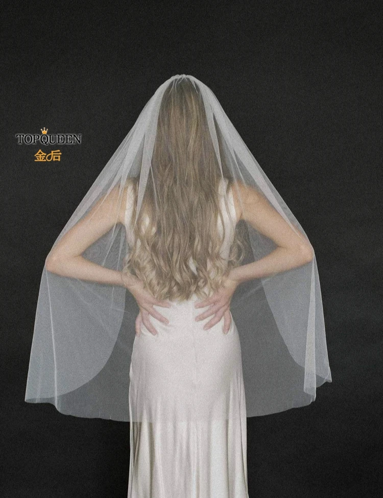 TOPQUEEN V30 1 Tier Cute Edge Bridal Wedding Veil for Bride Elegant Wedding Short with Comb Elbow Length Cathedral High Quality