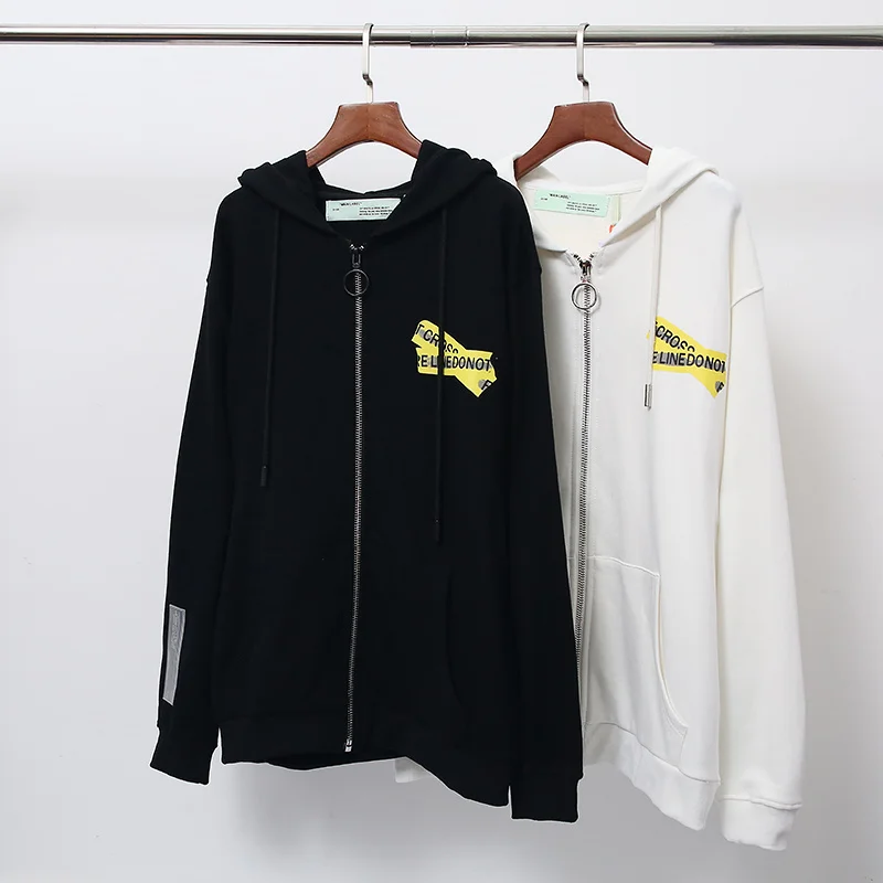 19ss Off-White OW желтая Предупреждение ющая линия стрелка для мужчин и женщин унисекс для влюбленных Модная хлопковая Повседневная Толстовка с капюшоном Свободная куртка