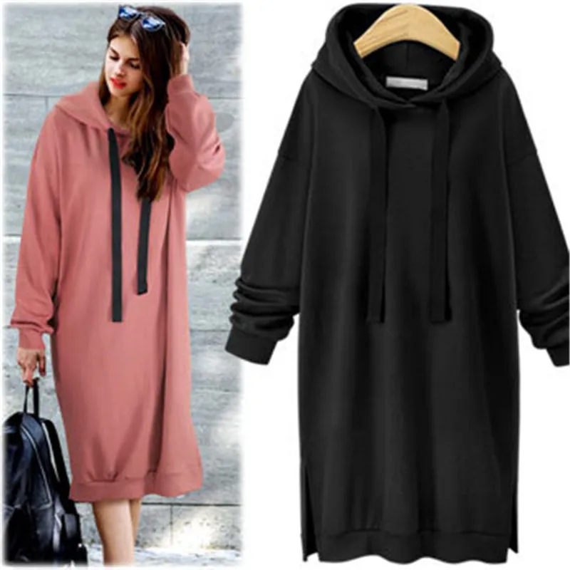 

2020 Autumn Winter Women Hoodies Casual Side Split Long Sleeve Slim Plus Thick Sweatshirt Dress Pullover Long Drawstring Hoodie